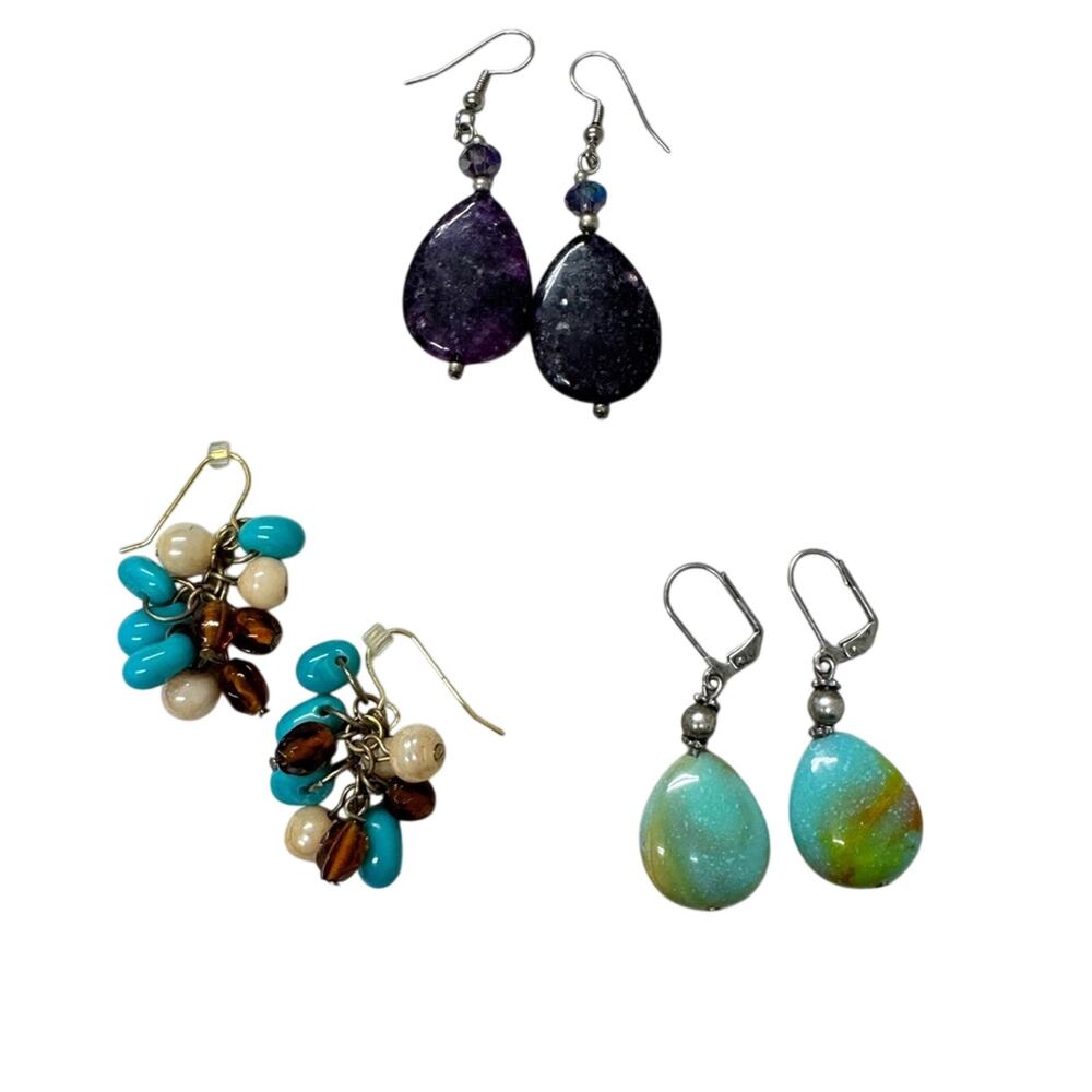 Set of Three Dangle Earrings Boho Green Purple Pierced Womens Jewelry